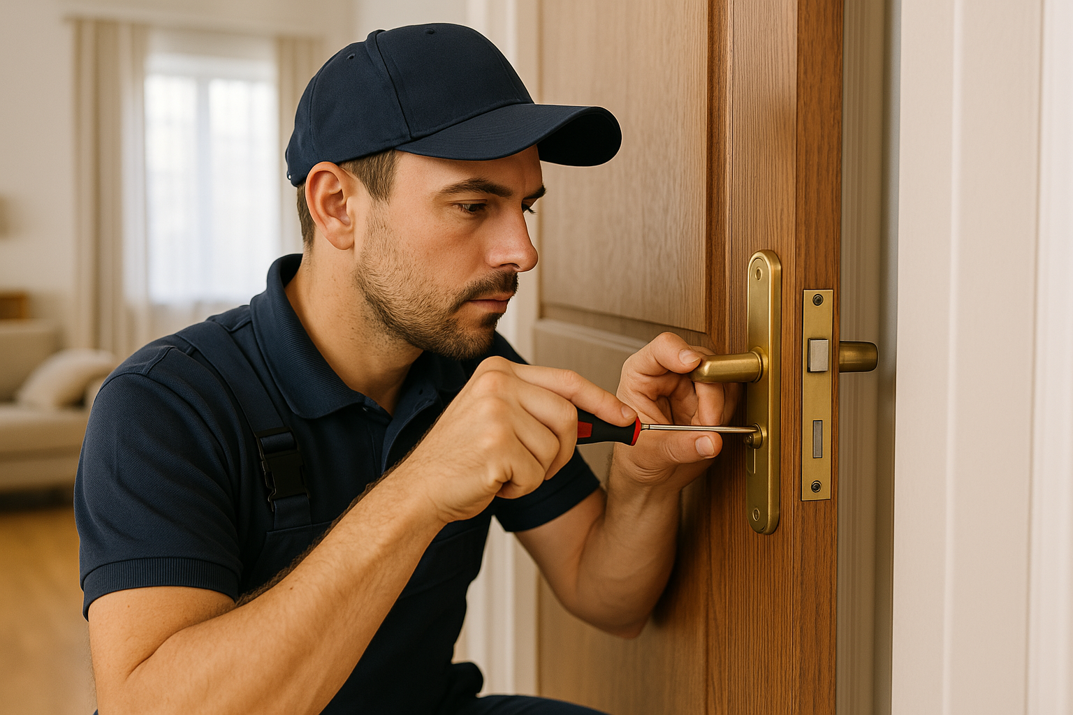 Emergency locksmith unlocking a front door in Lynchburg, VA