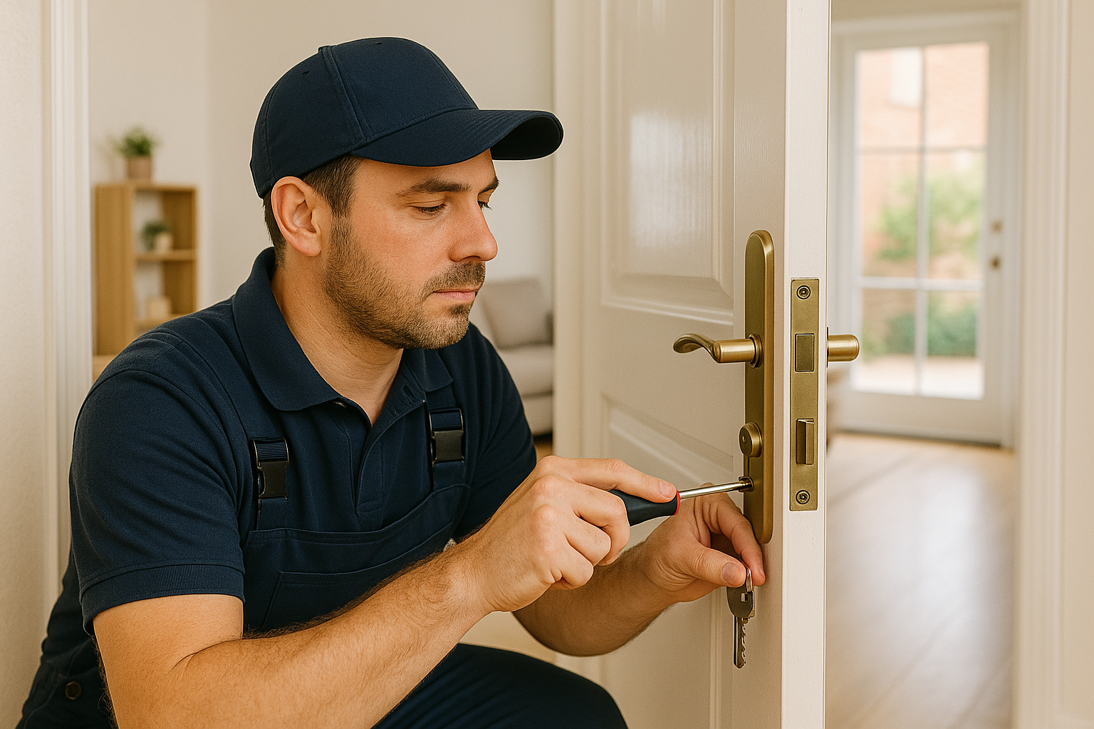 Professional locksmith working on a residential door lock